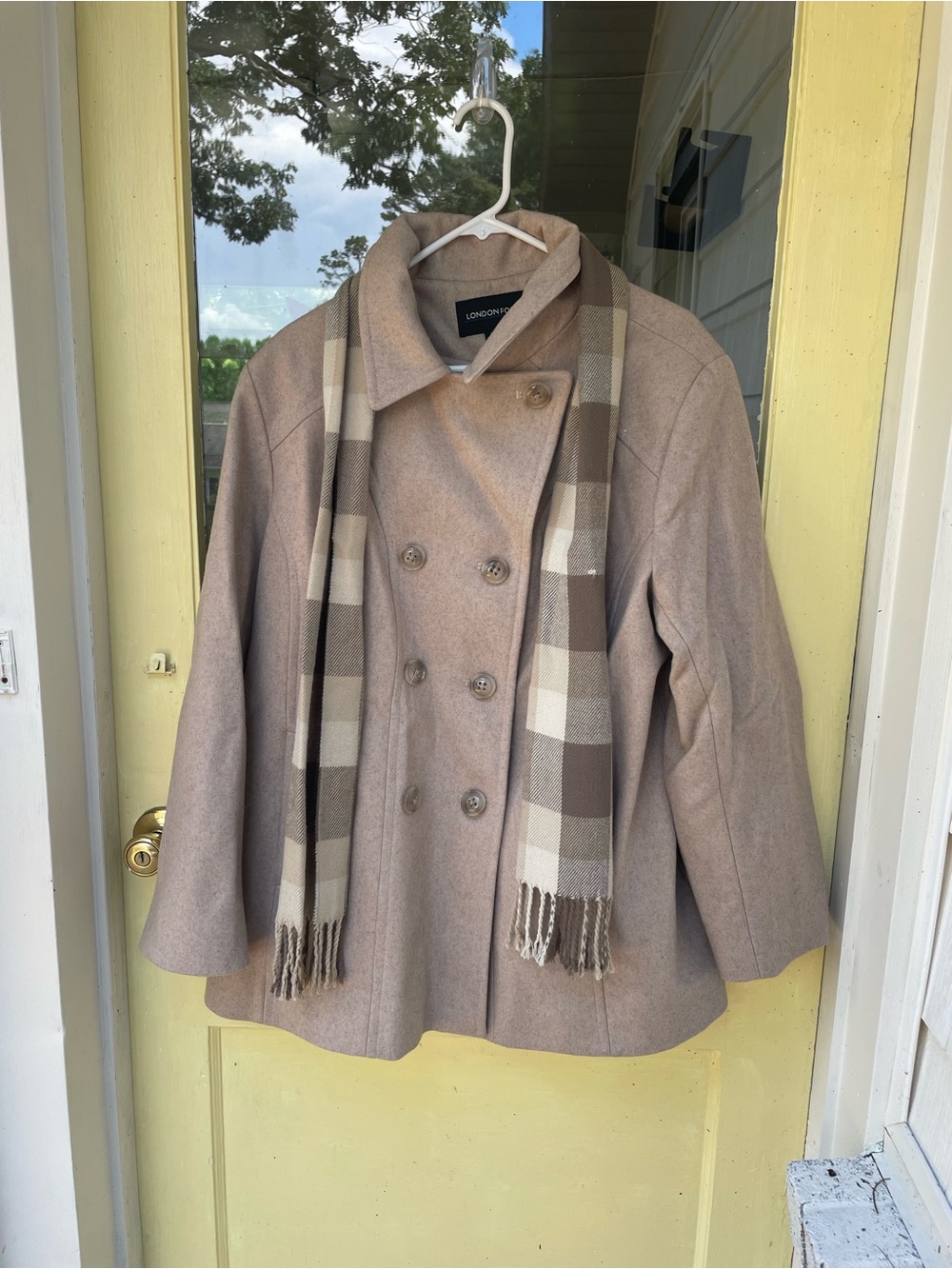 London Fog Taupe Double-Breasted Wool-Blend Peacoat with Plaid Scarf